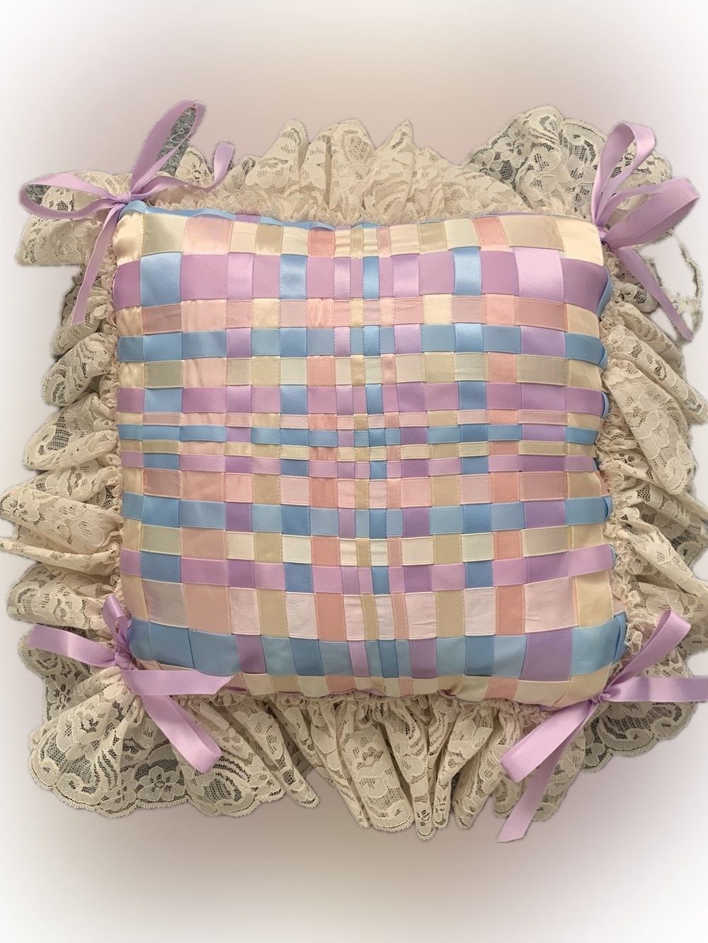 Vintage 70s 80s handmade cream & pastel satin woven ribbon & leave ruffle pillow
